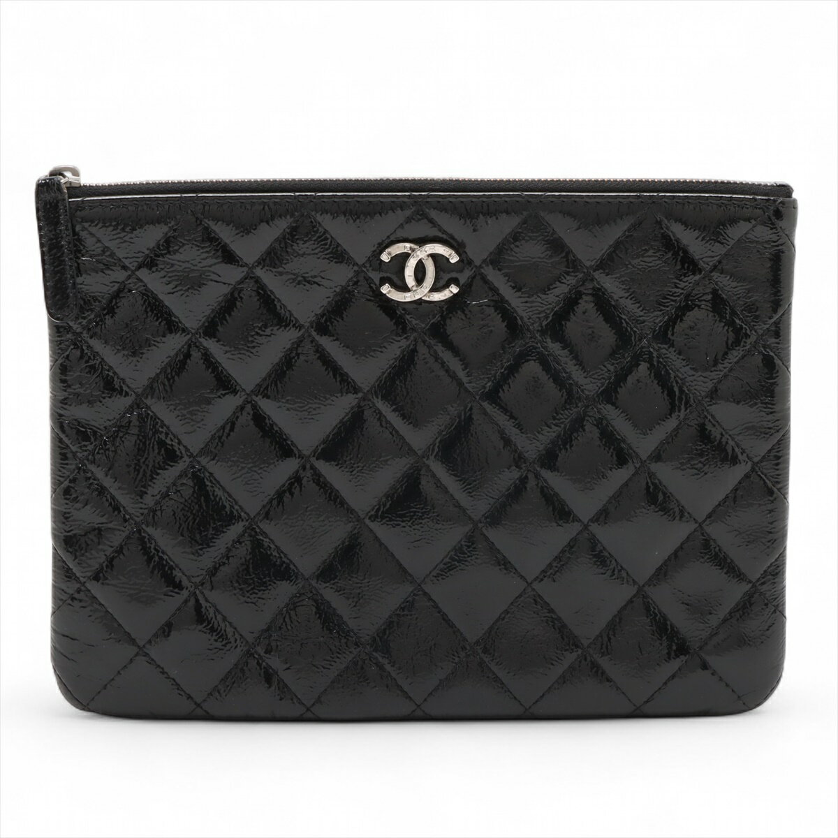 【中古】シャネル マトラッセ パテントレザー ポーチ ブラック 19番台
