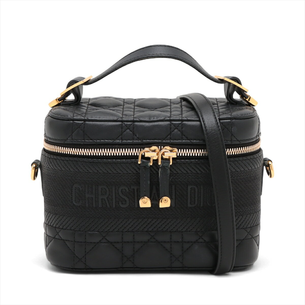【中古】クリスチャンディオール カナージュ レザー 2WAYバニティバッグ ブラック
