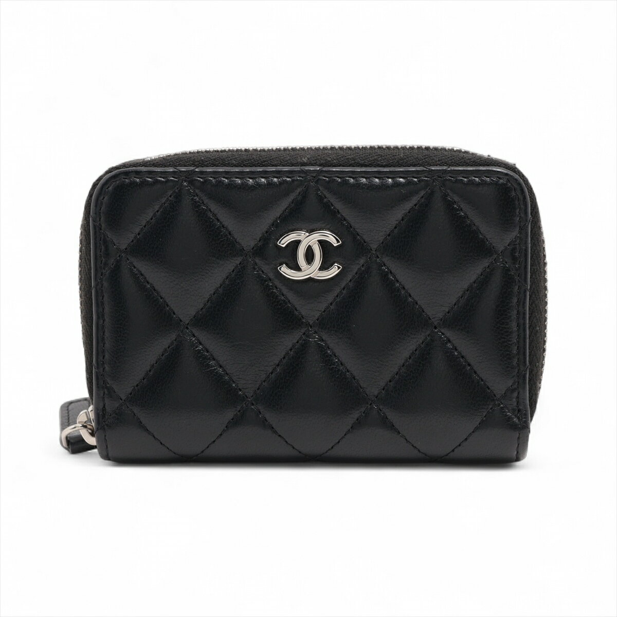 【中古】シャネル マトラッセ ラムスキン コインケース ブラック シルバー金具 28番台