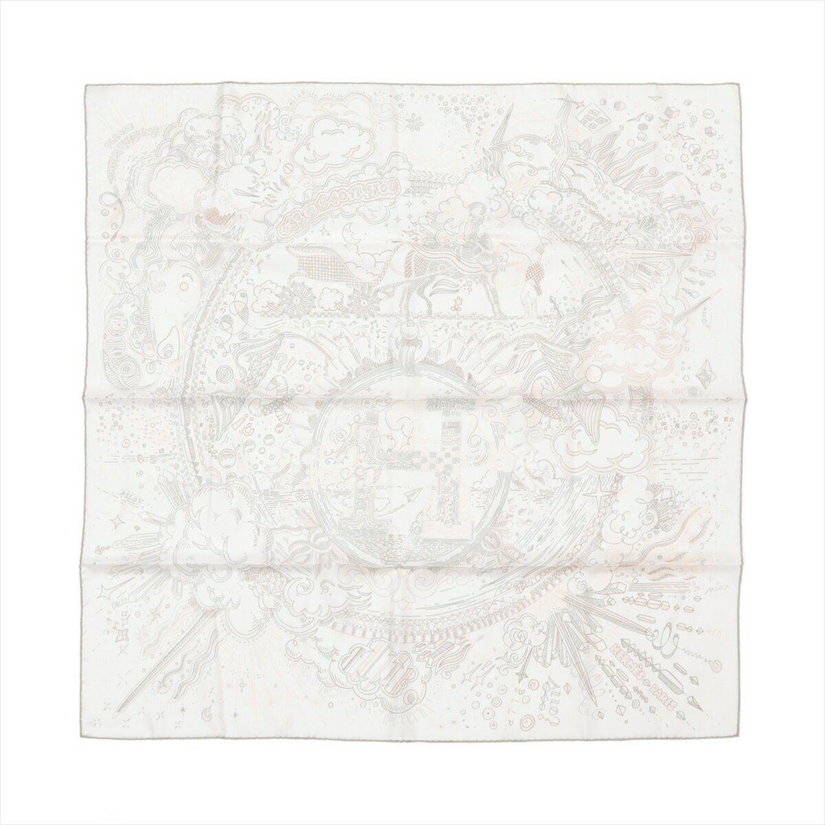 【中古】エルメス カレ90 PLEASE HOLD THE LINE プリーズ ホールド ザ ライン スカーフ シルク ホワイト