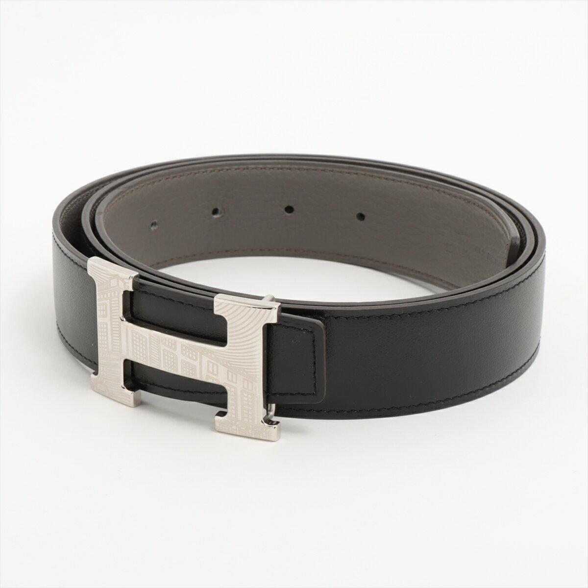 【中古】エルメス Hベルト ベルト 100 GP×革 ブラック×グレー