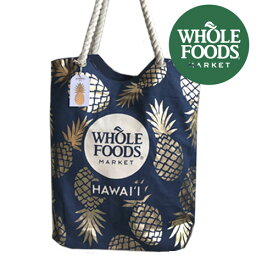 [WHOLE FOODS/ホールフーズ]　大人気のショッピングトートバッグ　エコバッグ　オーガニック　ハワイ直輸入 紺×パイナップル柄