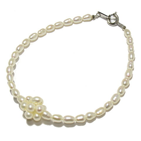 淡水真珠白×白3.5mmライス型フラワーボール1個付ブレスレット