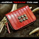 限定生産【送料無料!】戦国武将シリーズ 真田幸村 六文銭【...andMeat.】アンドミート本革/ヌメ革 小銭入れ栃木レザー/スタッズラウンドジップコインケースブラック×レッド