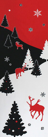 【残りわずか】手ぬぐい「クリスマスの森　赤」クリスマス／冬／トナカイ