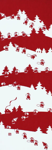 手ぬぐい「サンタクロースの行進　赤」クリスマス／冬／プレゼント染の安坊　本染め手ぬぐい