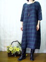 日本製♪予約販売♪BW/茶チェックリネン・フレアーワンピースM〜6L