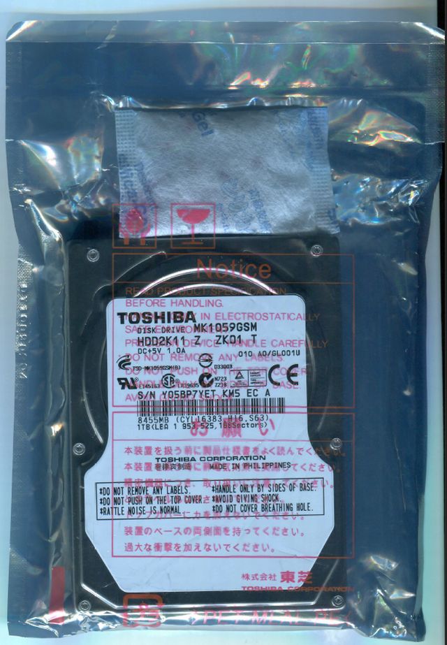 【ワケアリ 2.5インチ ハードディスク】 TOSHIBA MK1059GSM(-R) 2.5inch HDD 1TB SATA