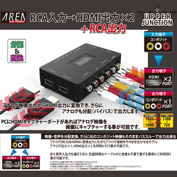 AREA アップスキャンコンバーター 分配機能 RCA入力からHDMI出力X2へ変換 SD-UPCB...:area:10002758