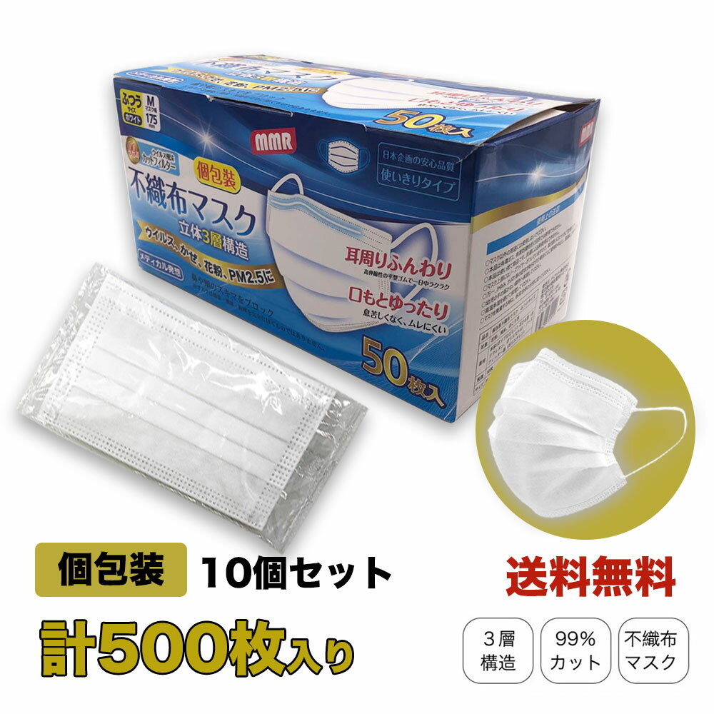 マスク50枚　 個包装10セット立体3層不織布 三層構造不織布 使い捨てマスク フリーサイズ 男女兼用 マスクウィルス飛沫 レギュラーサイズ　使いすて　平ゴム ソフトゴム 耳が痛くならない 国内実証 ※ 日本製 power7 ではありません。送料無料 sale