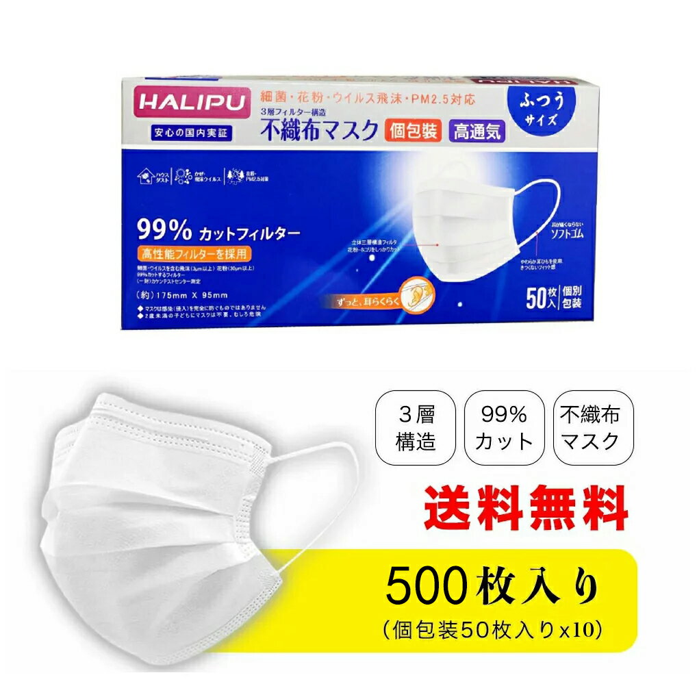 マスク50枚入り　立体3層不織布 個包装 三層構造不織布 50枚入りX10個　使い捨てマスク フリーサイズ 男女兼用 マスクウィルス飛沫 レギュラーサイズ　使いすて　平ゴム ソフトゴム 耳が痛くならない 国内実証 ※ 日本製 power7 ではありません。 送料無料 sale