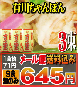 【送料込】【ご自宅用】有川ちゃんぽん　3束（9食）（麺のみ）【お手軽メール便】【日時指定不可】【代引き不可】【もつ鍋に最適】