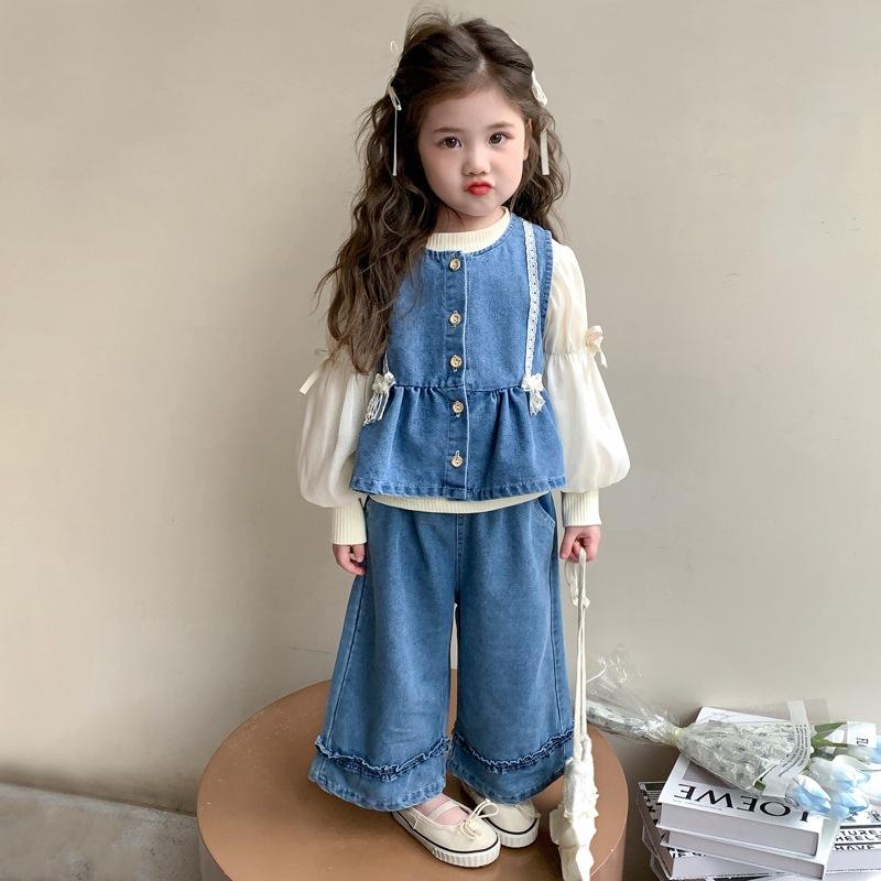 子供服 デニムセットアップ 3点セット 女の子 春秋 韓国風 ベスト ワイドパンツ 普段着 おしゃれ着 90cm 100cm 110cm 120cm 130cm 140cm