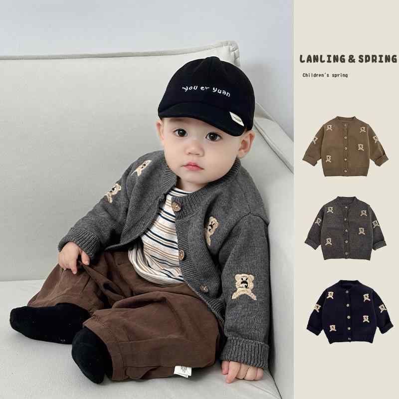 子供服 セットアップ 春秋 ニット カーディガン パンツ ベビー 男の子 かわいい 長袖 薄手 73 80 90 100 110 センチ 刺繡 くま アクリル ズボン 上下セット