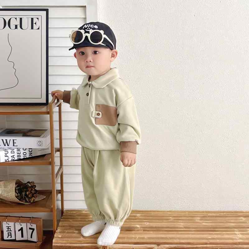 ベビー服 上下セット 男の子 春秋 長袖 長ズボン 綿混紡 かわいい イラスト グリーン 73CM 80cm 90cm 100cm 110cm