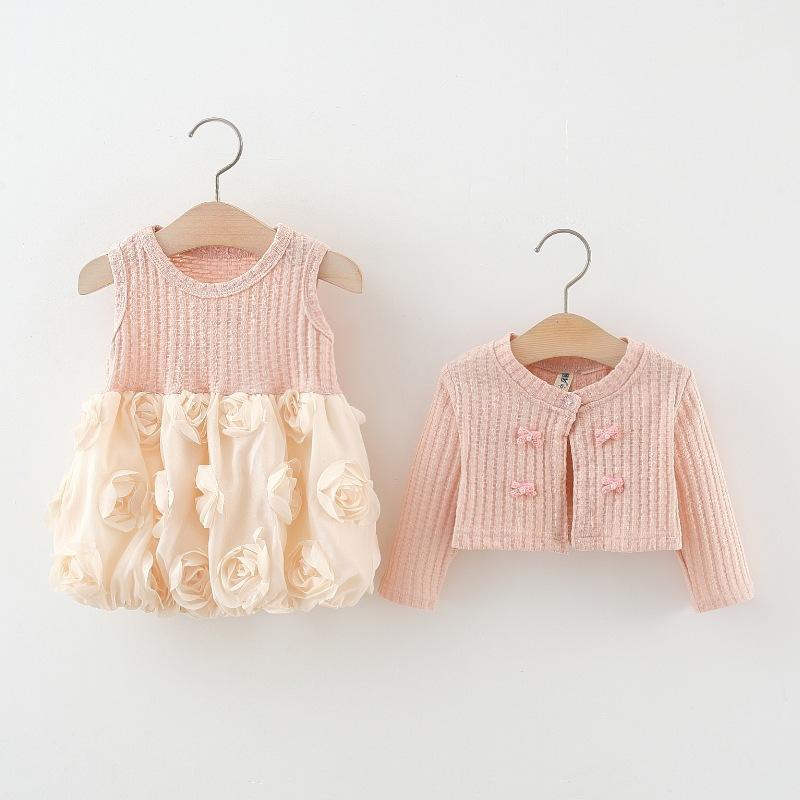 子供用スカート 女の子用 ニットカーディガン ローズ柄 花柄 プリンセスドレス 2点セット 春秋 ピンク かわいい 普段使い