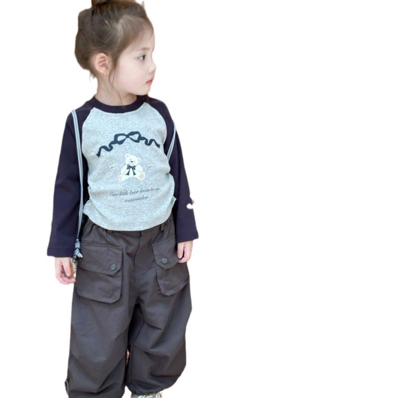 子供用カットソー & パンツ 上下2点セット 長袖Tシャツ ズボン 春秋 かわいい 韓国風 グレー 綿90% 通園 普段着