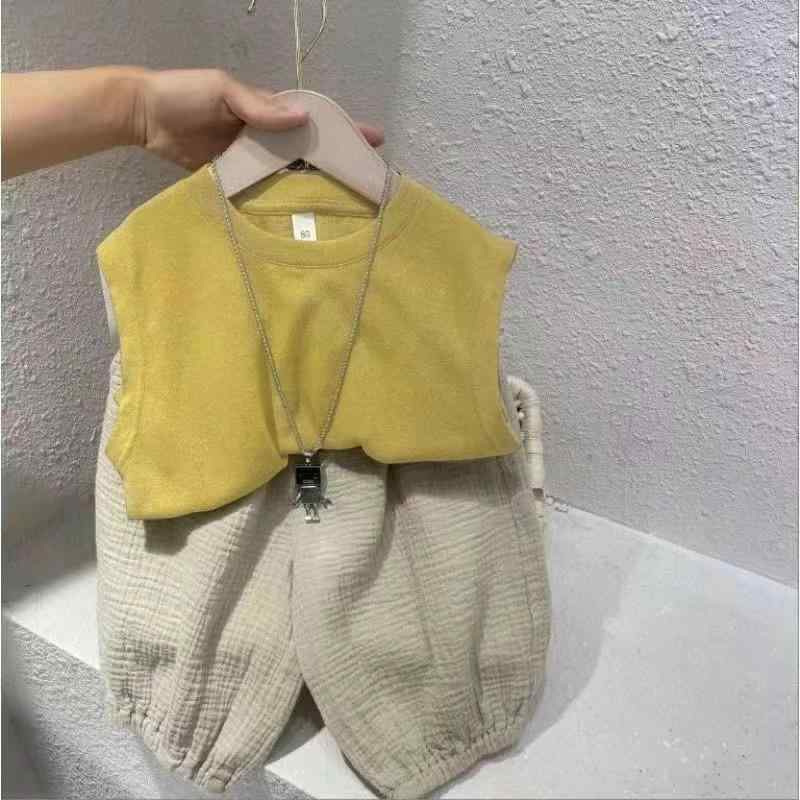 子供用タンクトップ パンツ セットアップ 春夏 子供服 男の子 女の子 ノースリーブ 七分丈パンツ 上下2点セット 綿100% 普段着 部屋着 イエロー 黄色系 グレー ベージュ