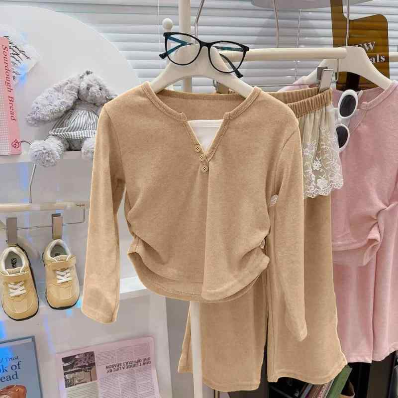 子供用パンツセット 春秋 2点セット：ガールズ スウェット風トップス ＆ ワイドレッグパンツ 花柄レース ピンク系/イエロー系 普段着・カジュアルスタイル 80cm 90cm 100cm 110cm 120cm 130cm 140cm(x2)