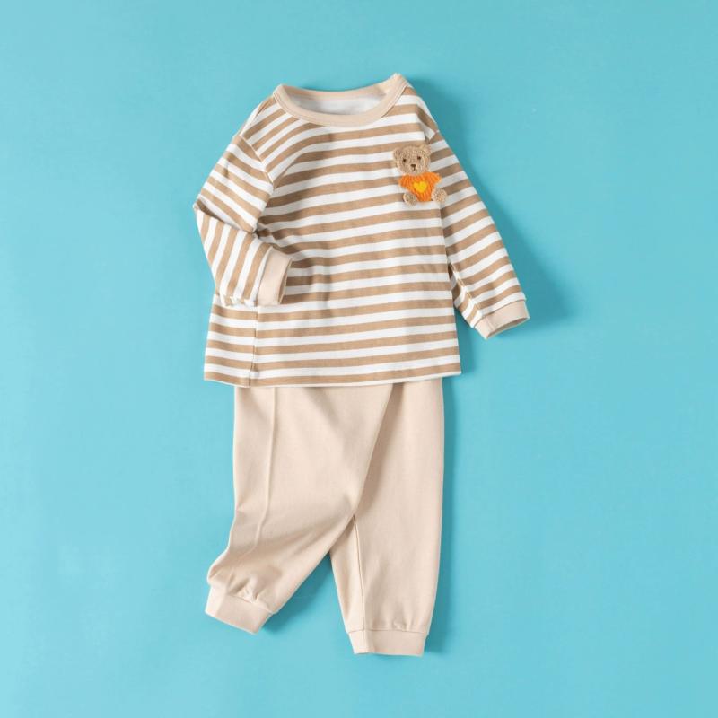 キッズ ベビー服 上下セット パジャマ 長袖 綿 春秋 70 80 90 100cm かわいい くま ストライプ ピンク系 自動車 恐竜 接触冷感