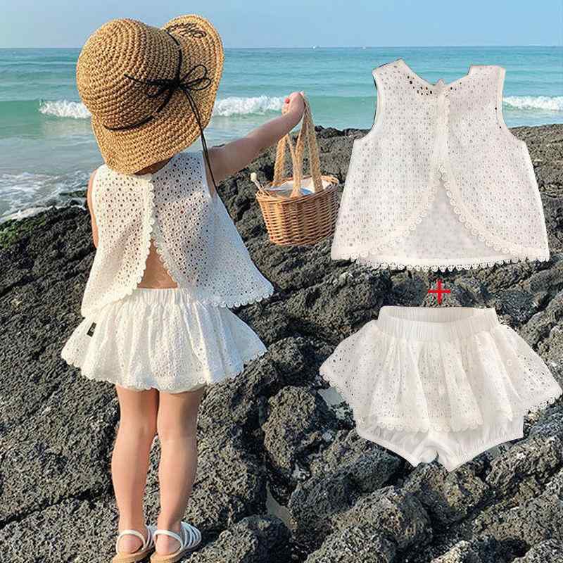 子供服 ベビー服 女の子 甘い 鏤空 綿 セットアップ 夏 ノースリーブ トップス パンツ 2点セット 薄手 幼児 80cm 90cm 100cm 110cm 120cm 130cm