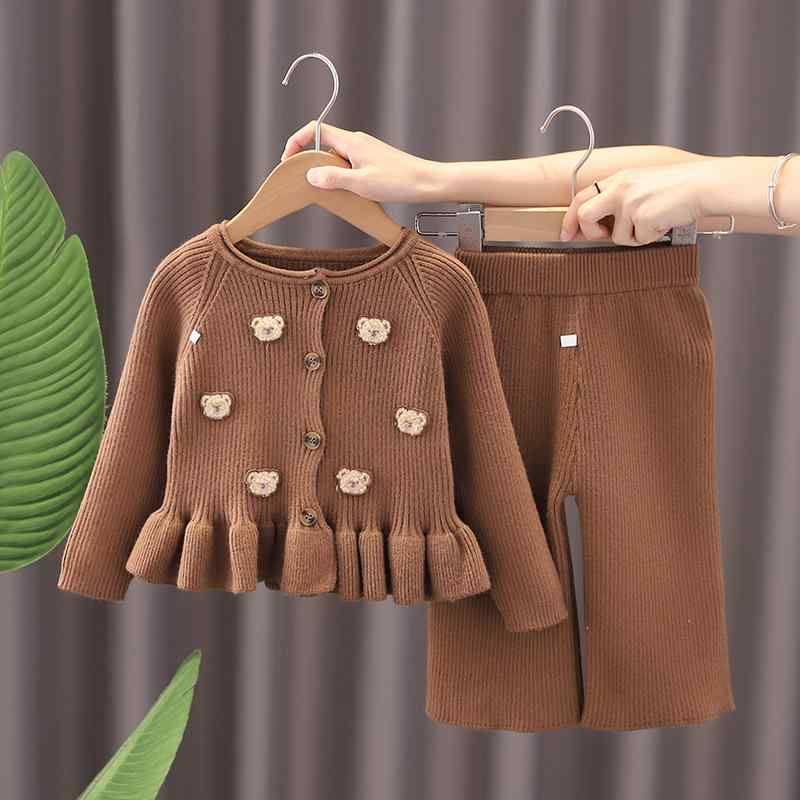 子供服 ニットセットアップ 秋冬物 女児 トップス ズボン 上下2点セット 長袖 9分丈パンツ 韓国風 かわいい クマ柄 80 90 100cm 幼児 1歳 2歳 3歳 普段着(x2)