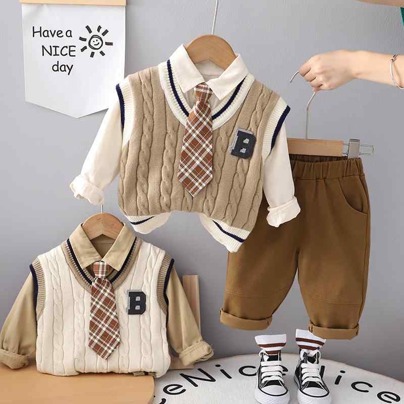 子供用セットアップ 長袖トップス パンツ 3点セット 80cm 90cm 100cm 110cm 120cm 春秋 ベビー 男の子 幼児 綿60% 学院風 イギリス風