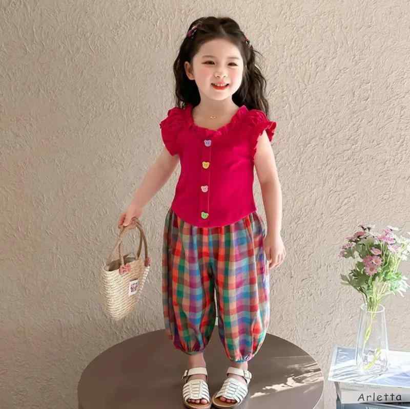 子供用セットアップ ノースリーブトップス パンツ 上下2点セット 夏 格子柄 花柄 かわいい 薄手 綿92% 80cm 90cm 100cm 110cm 120cm 130cm 140cm