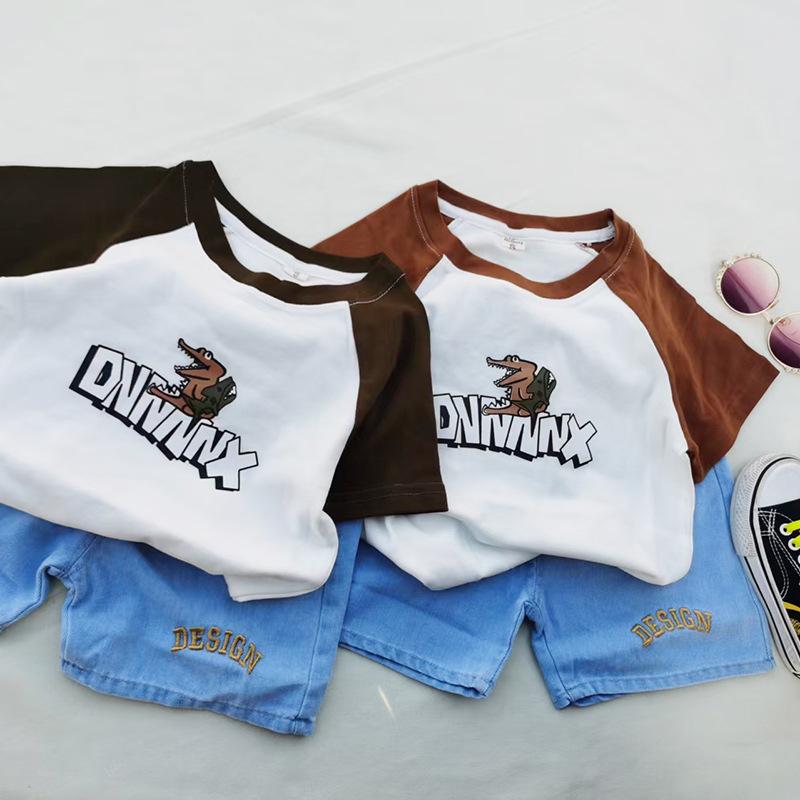 子供用Tシャツ パンツ セットアップ 半袖 ハーフパンツ 薄手 夏服 男の子 女の子 8歳以上向け コットン カートゥーン ブラック ブラウン(x4)