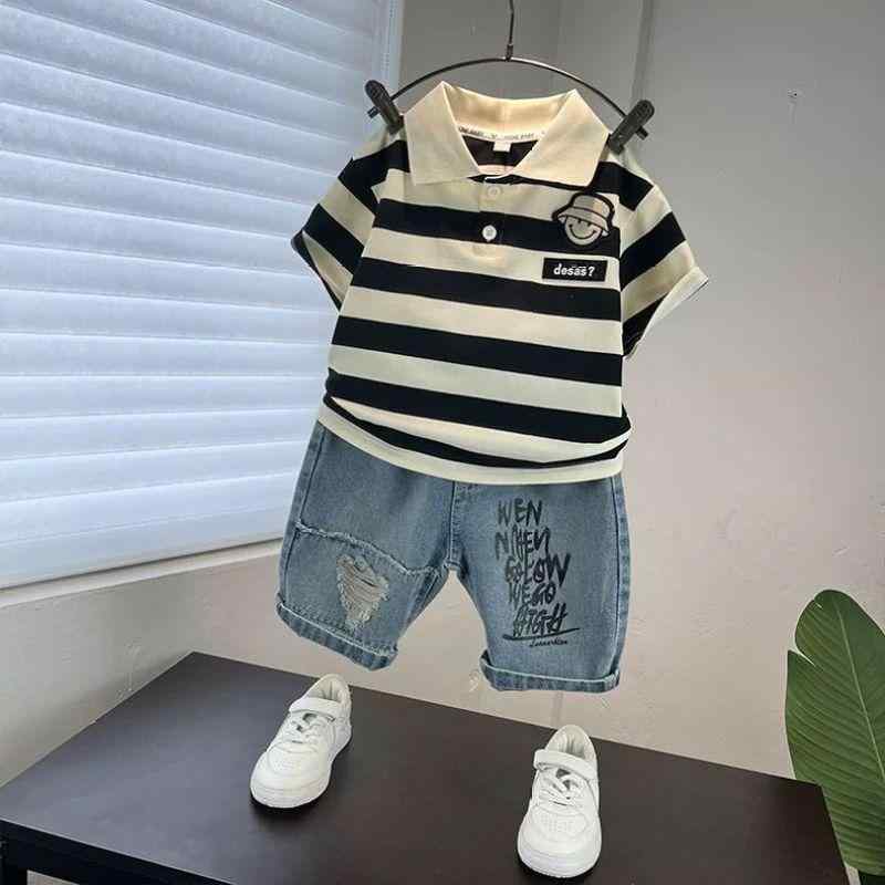 子供用ポロシャツ & ハーフパンツ セットアップ 男の子 半袖 夏 薄手 ボーイズ 上下セット 2点set キッズ カジュアル 普段着 ストライプ柄 綿 ブラック 黒 グリーン 緑 100 110 120 130 140