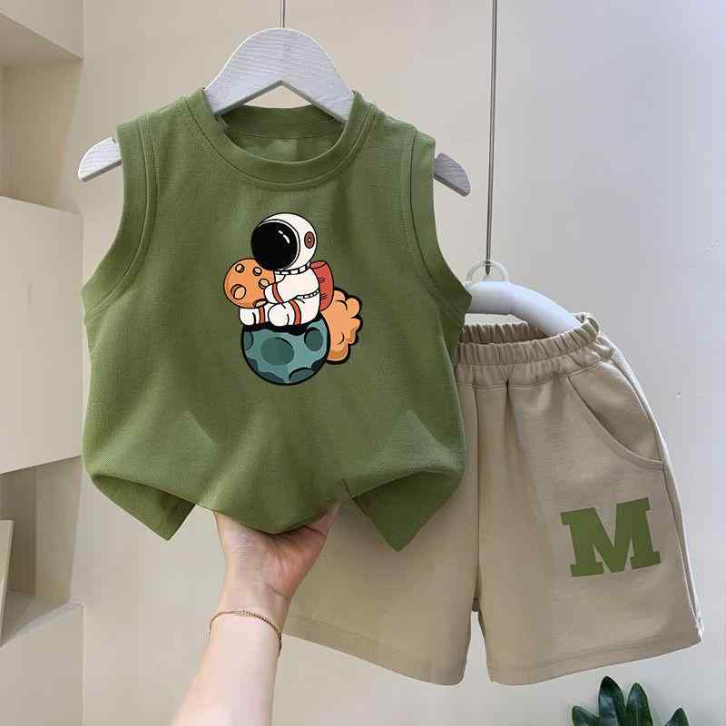 キッズ 男の子 タンクトップ ショートパンツ 上下セット 薄手 通園 普段着 春夏 かわいい アニマル柄 プリント グリーン系