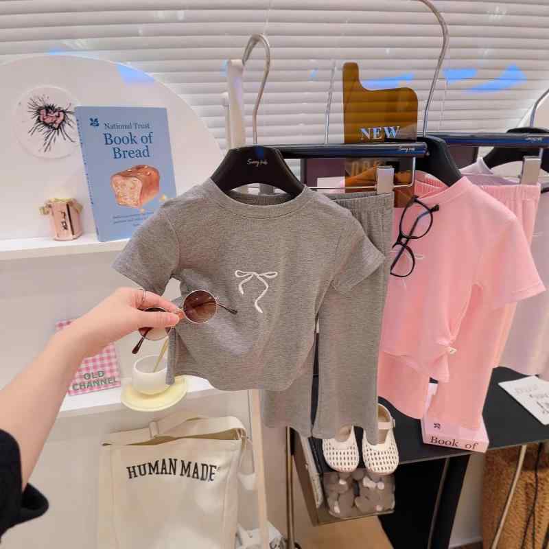 キッズ 女の子 セットアップ 半袖 トップス ラッパズボン 2点セット 刺繍 リボン 接触冷感 薄手 粘纤 春夏 かわいい 普段着