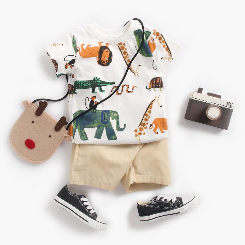 ベビー服 男の子用 動物柄 半袖Tシャツ 短パン 上下2点セット コットン100% 幼児 普段着 かわいい 韓国風 ホワイト系 春夏