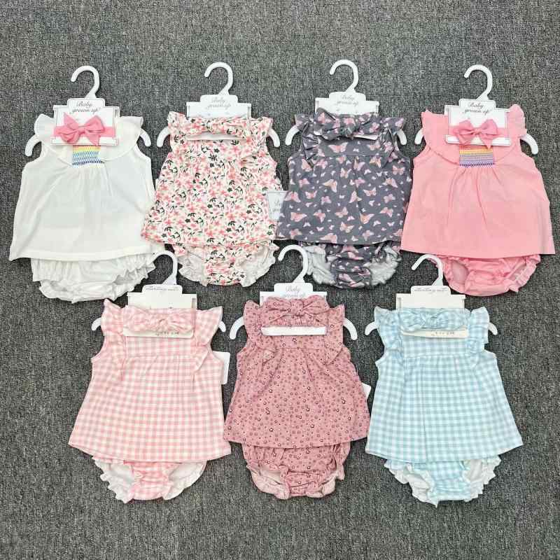 ベビー服 女の子 夏物 セットアップ 3点セット：小飛袖トップス 三角パンツ スカート コットン 花柄 チェック柄 蝶結び付き かわいい 普段着 部屋着 グレー系 ピンク系 ホワイト デニム(x12)