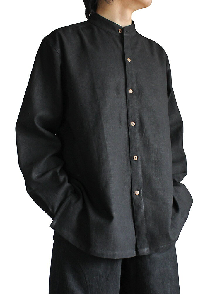 ヘンプのスタンドカラーシャツジャケット（黒）