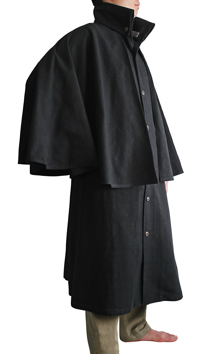 ジョムトン手織り綿のハイネックインバネスコート（黒）...:asiasawan:10001391