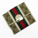 グッチ GUCCI Wホック二つ折り財布 GG シェリーライン ブラウン系xオフホワイトxグリーンxレッド キャンバスxレザー 【中古】【定番人気】 - a1740