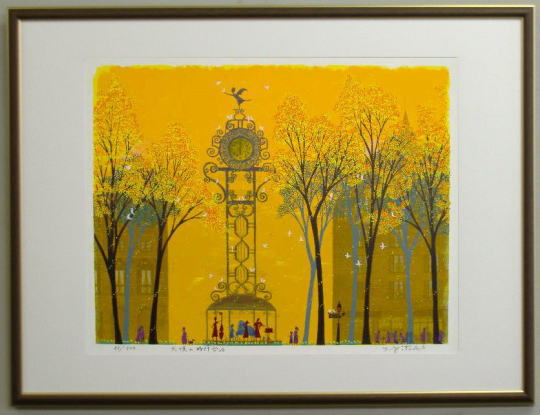 風水版画　3324　金運　天使の時計台A吉岡浩太郎西の壁に飾ると金運アップに。風水金運の黄色い時計台。送料無料の風水絵画