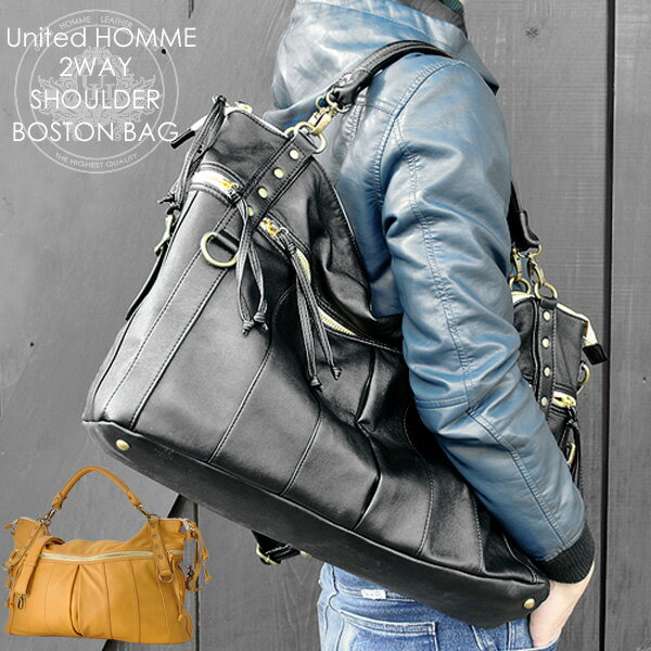 【United HOMME】2WAYボストンショルダーバッグブラックとゴールドを基調とした存在感のある大型カバンショルダーベルト付属ボストンバッグ ショルダーバッグ メンズバッグユナイテッドオム 送料無料 ポイント10倍あす楽対応