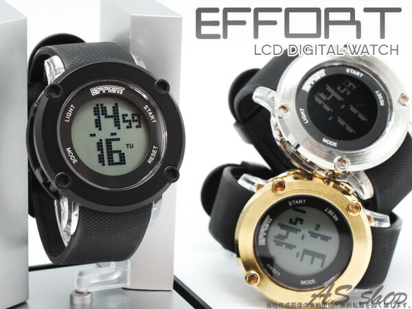 EFFORT LCD デジタルウォッチサイド部にはクリアケースを使用個性あふれるデザインのBIGフェイス 腕時計デジタルクロノグラフ カレンダー アラーム機能搭載FI-21001 エフォート メンズ レディース スケルトンあす楽対応