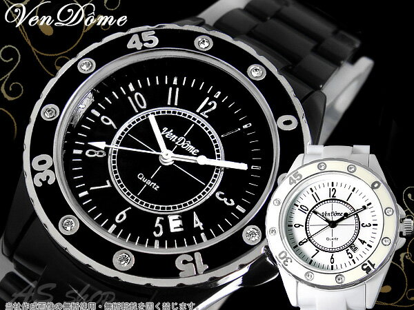 【Ven Dome】ヴァンドーム最高級スワロフスキー8石スーペリアライト腕時計モノトーン基調スポーティーウォッチカレンダー機能搭載ブラック/ホワイト