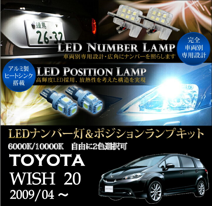トヨタ ウィッシュ20系【WISH20】専用LEDナンバー灯ユニット＆ポジションランプキット 2個1セット3色選択可 高輝度3チップLED(SC)