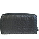 送料無料 【中古】 ボッテガヴェネタ BOTTEGA VENETA イントレチャート ラウンドファスナー 長財布 ブラック レザー 61BD212