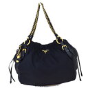 送料無料 【中古】 美品 プラダ PRADA チェーン ショルダーバッグ ブラック ナイロン レザー 保存袋付き 39EW181