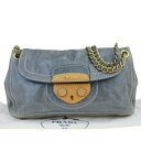 送料無料 【中古】 プラダ PRADA チェーン ショルダーバッグ グレー ブルー レザー 保存袋付き 61EW423