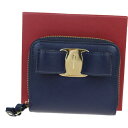 【中古】 美品 サルバトーレフェラガモ Salvatore Ferragamo ヴァラ ラウンドファスナー 財布 ネイビー レザー 保存箱付き 04MA622