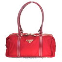 【中古】 美品 プラダ PRADA ショルダーバッグ ハンド レッド ナイロン レザー 保存袋付き 62MB631