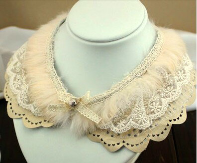 秋冬新作ラビット ファー レースビジュー付け襟 /レディース/つけ襟//コットン/綿玉//リボン【メール便可】