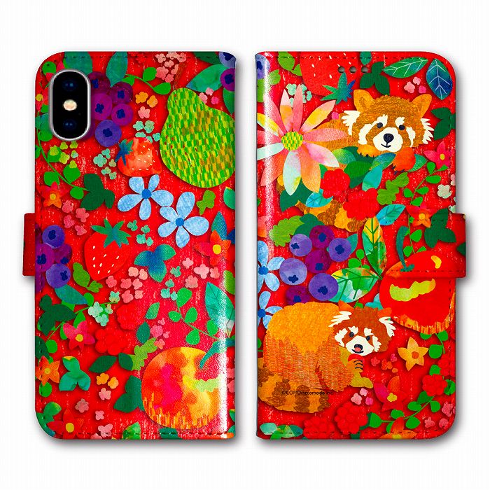 【バレンタイン プレゼントに】スマホケース 手帳型 SO-05K SO-04K SO-03K SO-02K SO-01K SH-03K SH-01K SH-03J SC-03K SC-02K SC-01K F-04K F-01K MO-01K 女性用 レッサーパンダ お花とフルーツいっぱい かわいい【COMOデザイン】