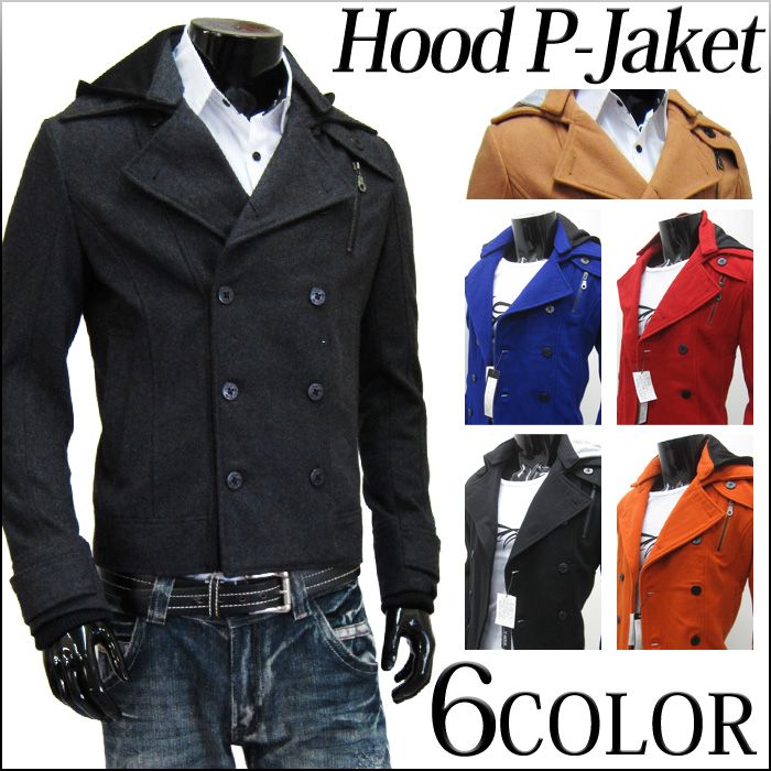 期間限定 メンズ ピーコート Pコート ダブル ジャケット ウール ショート コート ブルゾン フード アウター ショート丈 ブラック アウター ファッション 秋 冬 春 ブランド プレゼント 【RCP】 ※fu